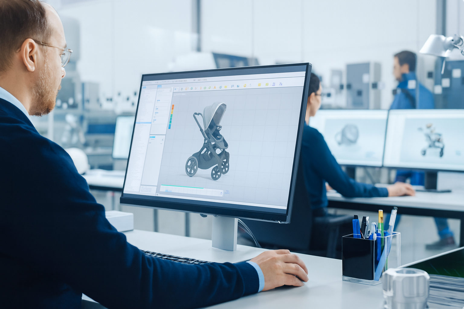 Інженер працює над 3D проєктом дитячого візка у SOLIDWORKS